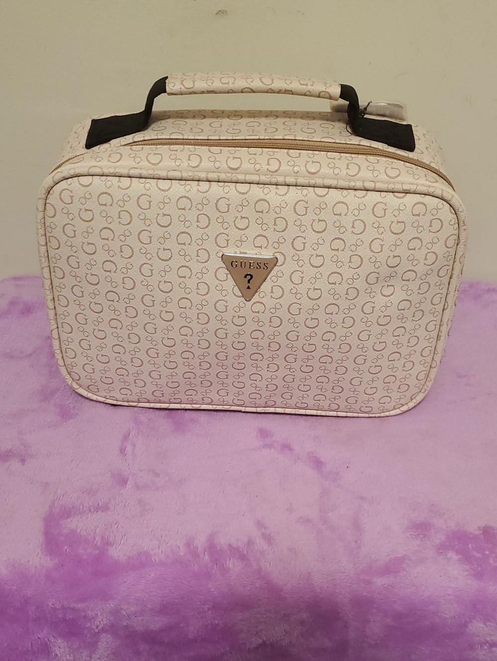Guess Beige Monogram Cosmetic Case with Logo Plaque